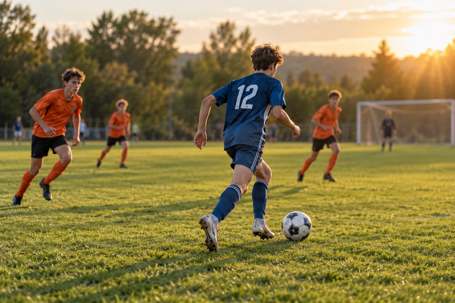Illustrative soccer scene with a player in a blue number 12 jersey